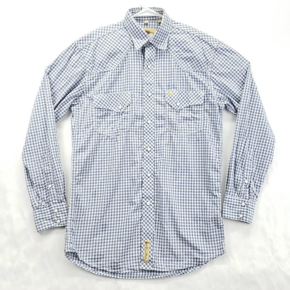 Larry Mahan Shirt Mens Small Blue White Western Pearl Snap Plaid Long Sleeve